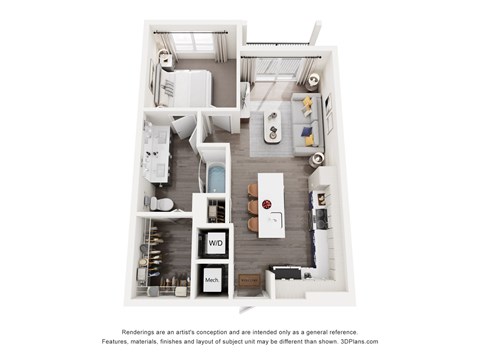 Floor plan for 1 bed, 1 bath, 719 sqft